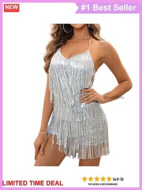 Sequin Fringe Halter Romper Mini Dress Backless Dance Bodysuit